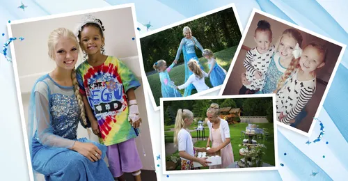 young woman dressed as princess with children