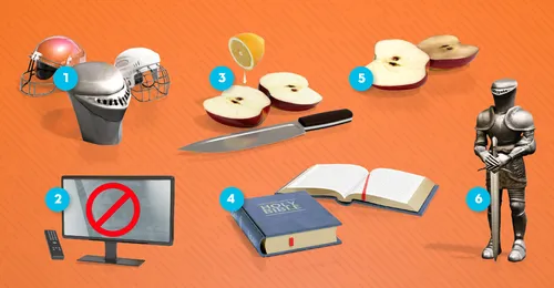 helmets, television, lemon, apples, knife, scriptures, armor