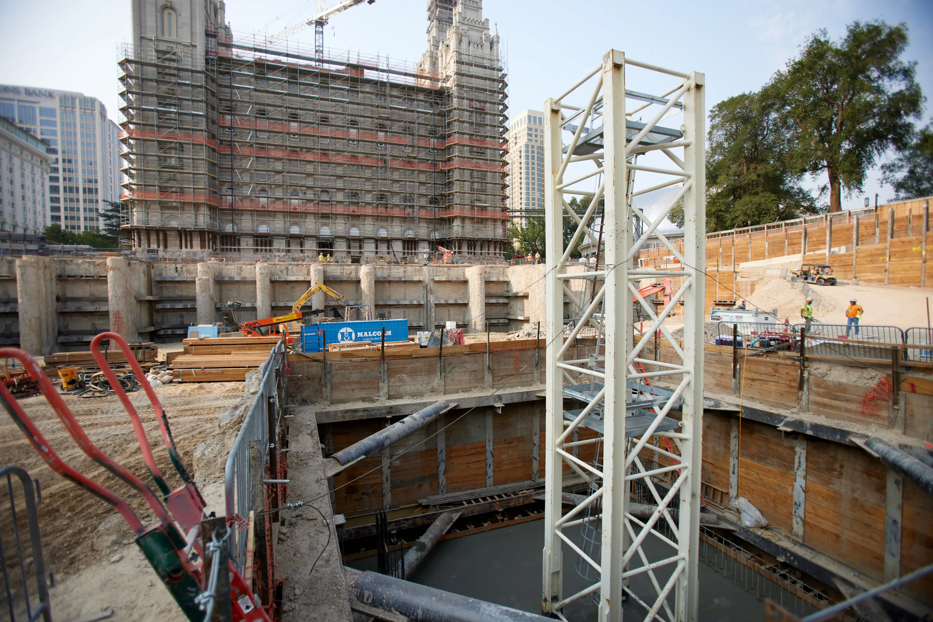 Excavation has reached 45 feet below street level on the Salt Lake Temple renovation project. Twenty more feet of soil will be removed before construction begins on the three-level underground north addition.