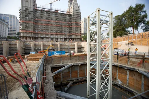 Excavation has reached 45 feet below street level on the Salt Lake Temple renovation project. Twenty more feet of soil will be removed before construction begins on the three-level underground north addition.