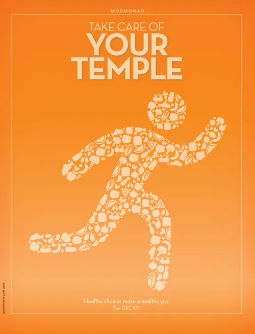 A graphic showing the silhouette of a person filled with illustrations of healthy food, paired with the words “Take Care of Your Temple.”