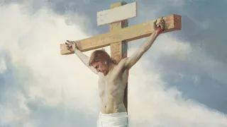 Christ hanging on a cross at Calvary. Two thieves, also hanging on crosses are at the left and right of Christ. Numerous observers, including Mary, the mother of Christ, Mary Magdalene, other mourners and Roman soldiers are gathered around the crosses. Thunder clouds are gathering in the sky.