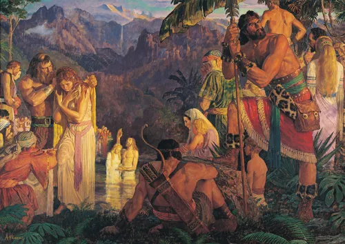 Alma baptizes in the Waters of Mormon