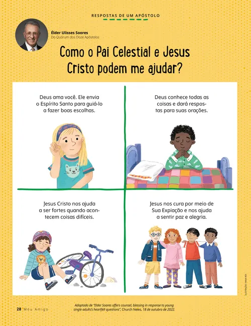 Página em PDF de crianças ouvindo, orando, caindo de bicicleta e estando com amigos
