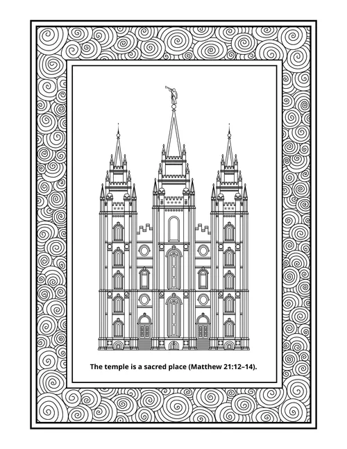 A black-and-white line drawing of the Salt Lake Temple with a frame of curlicues.