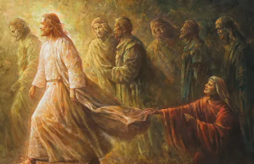 Jesus walking with others while woman reaches out to touch fringe of His robe