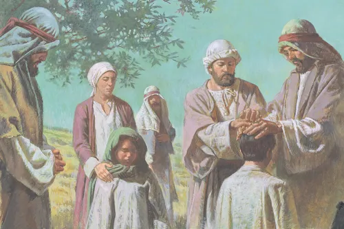 Apostles laying hands on man’s head