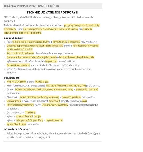 popis pracovního místa se zvýrazněním