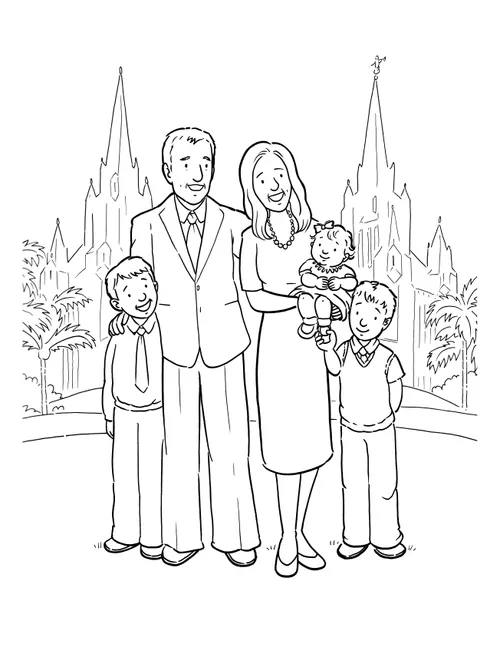 An illustration of a mother and father with their three children standing in front of the San Diego California Temple.