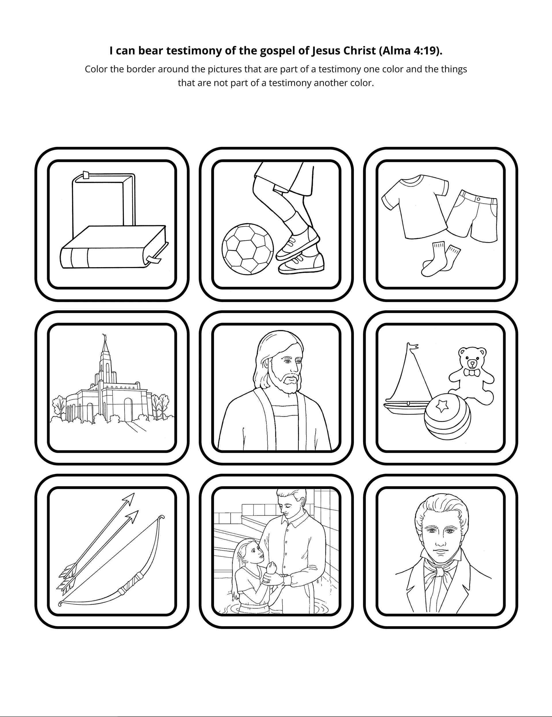A line-art activity teaching how to bear a testimony.
