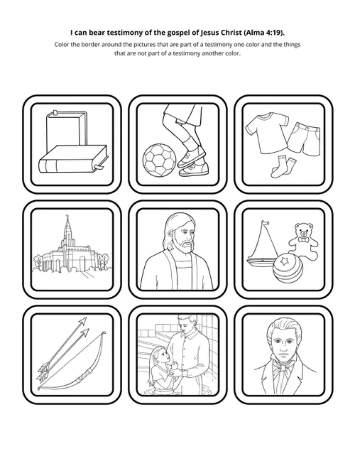 Illustrations of scriptures, soccer, clothing, a temple, Christ, toys, a bow and arrow, baptism, and Joseph Smith.