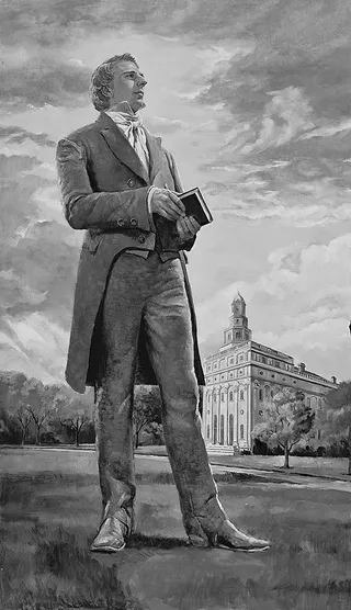 Prophet Joseph Smith in front of Nauvoo Temple