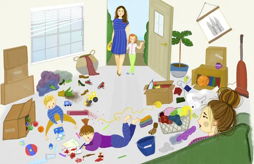 sister walking into messy living room