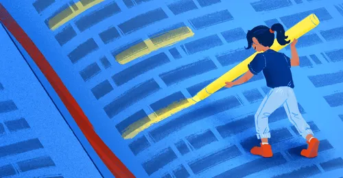 young woman marking giant scriptures with giant highlighter