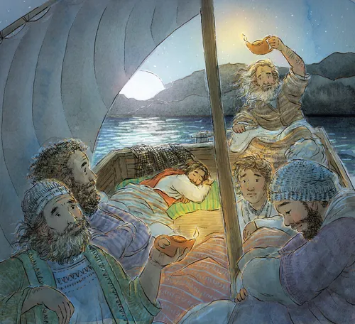 Jesus Christ sleeping on a boat while His disciples look at the sea