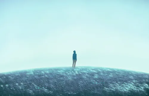 an illustrated figure looking at a dark sky