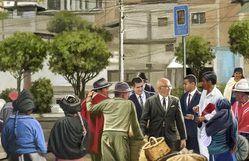 people gathered on a street corner with Church leader and missionaries