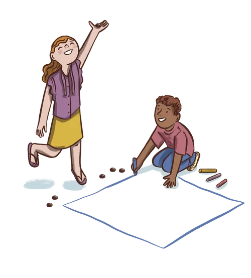 two kids drawing a chalk square