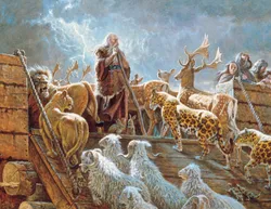 Noah amidst rain and storm leads animals to be saved onto the ark as God blesses him and his family