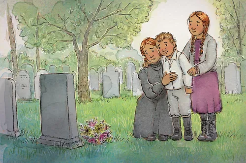 pioneer family in front of a gravestone
