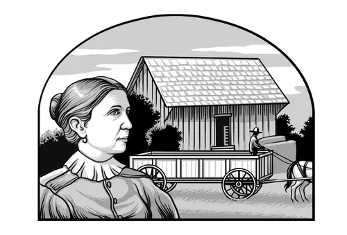 Elderly woman in front of a horse-drawn wagon and storehouse