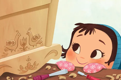 Girl looking at a wooden handmade doll cradle