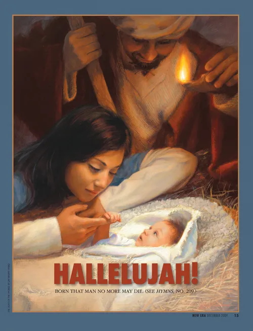 A painting depicting Mary and Joseph looking at the Christ child, paired with the word “Hallelujah!”