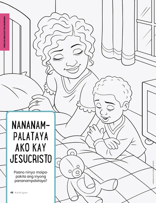 PDF ng pahinang kukulayan ng isang babae at batang lalaki na nakaluhod sa tabi ng kama para manalangin