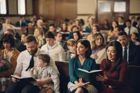 A congregation sits in a chapel learning about the restoration of the Church of Jesus Christ