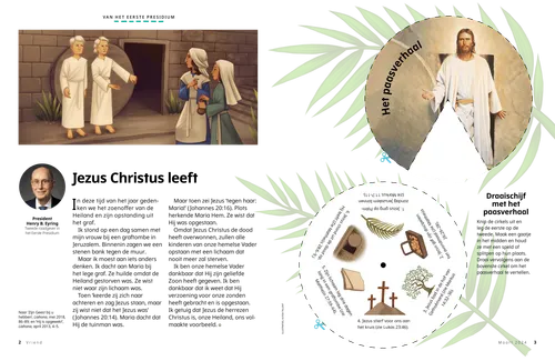 Pdf met een illustratie van twee engelen die buiten het lege graf met twee vrouwen praten; en een activiteit met knipsels voor een draaischijf met het paasverhaal