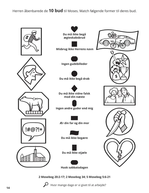 PDF-malebogsside med en aktivitet om de ti bud med at matche ting