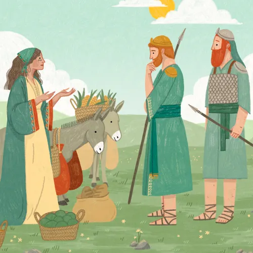 A woman with two donkeys offering food to two soldiers