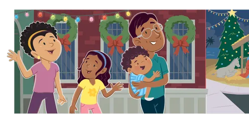 The family looking at Christmas lights