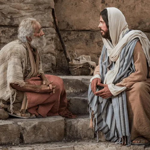 Bible video depiction of the Savior speaking with an older man