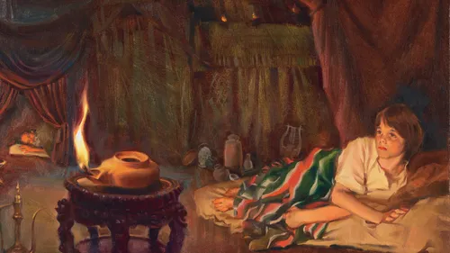 the boy Samuel in bed watching an oil lamp burn