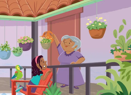 Grandma watering a plant while Margo twists around on the bench to talk to her