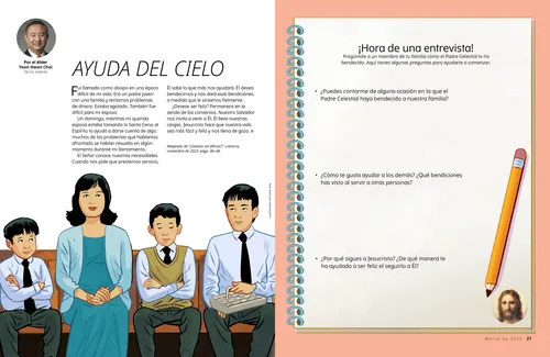 Página en PDF de una familia sentada en la iglesia; además, una actividad de entrevista de historia familiar