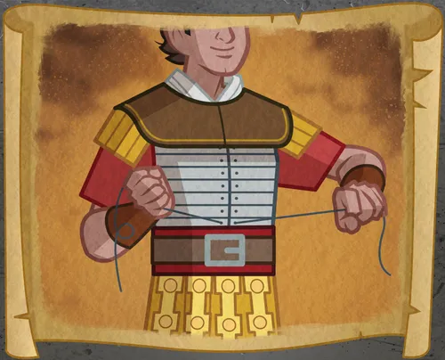 A boy putting on a breastplate.