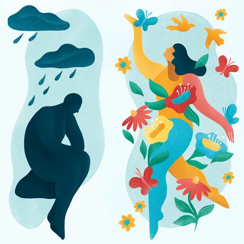 a person under rainclouds and a person surrounded by birds and butterflies and flowers