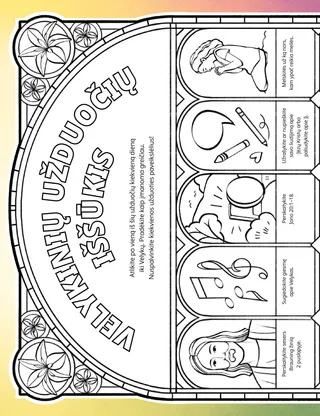 Užduočių PDF puslapis su spalvinimo paveikslėliais Velykų tema