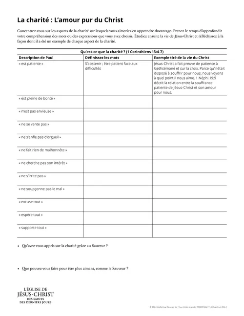 Document à distribuer : « La charité : L’amour pur du Christ »