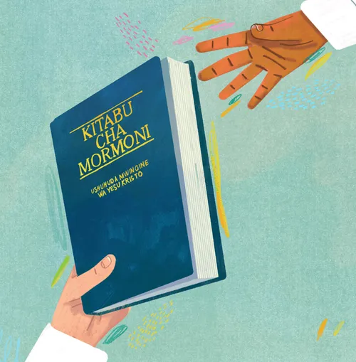 Hands exchanging a Book of Mormon in Swahili