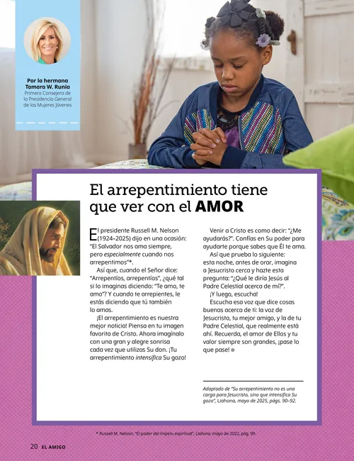 Página en PDF con una fotografía de una niña orando; además, una actividad con un patrón de corazón