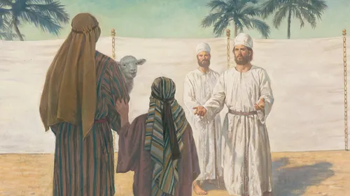 man presenting a lamb for sacrifice to two Levitical priests