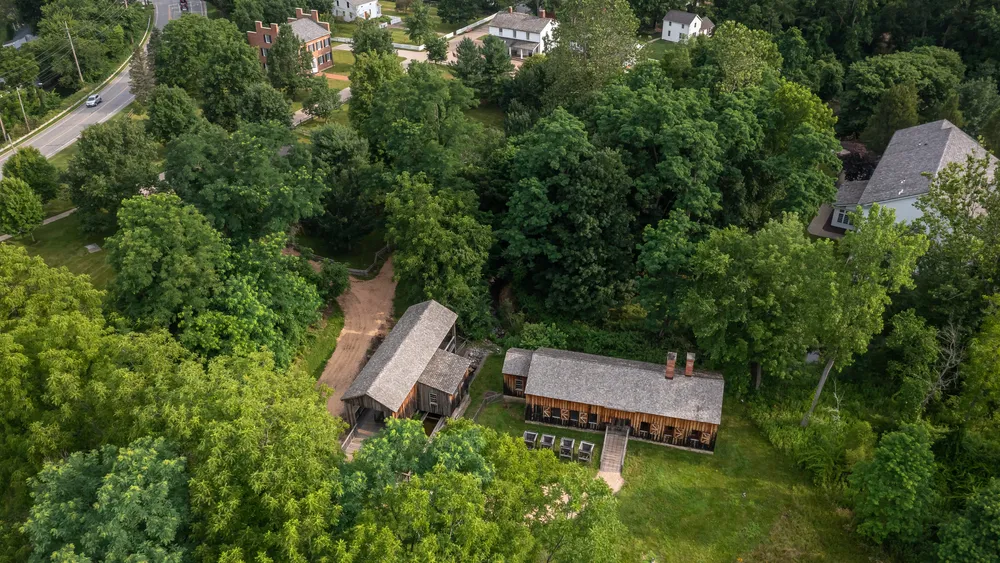 Aerial photograph showing several historic buildings.