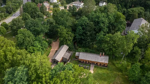 Aerial photograph showing several historic buildings.