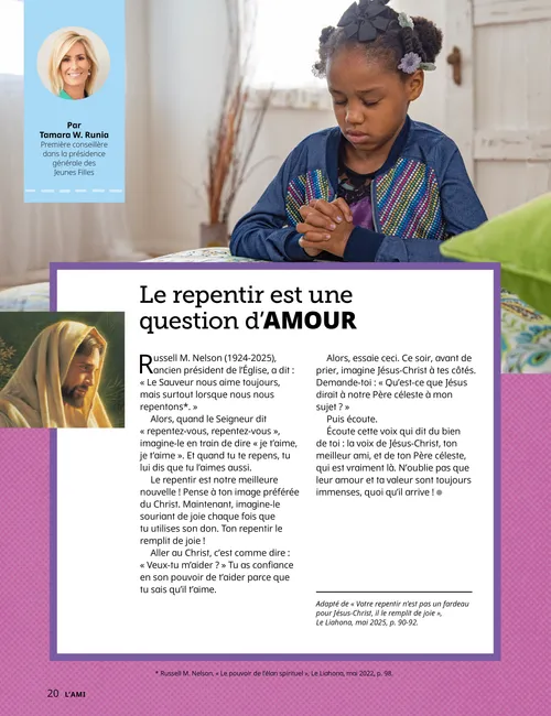 Page PDF avec la photo d’une fillette en train de prier, ainsi qu’une activité avec un cœur