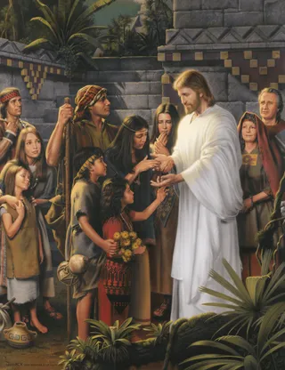 Schilderij van Jezus Christus die een meisje vasthoudt