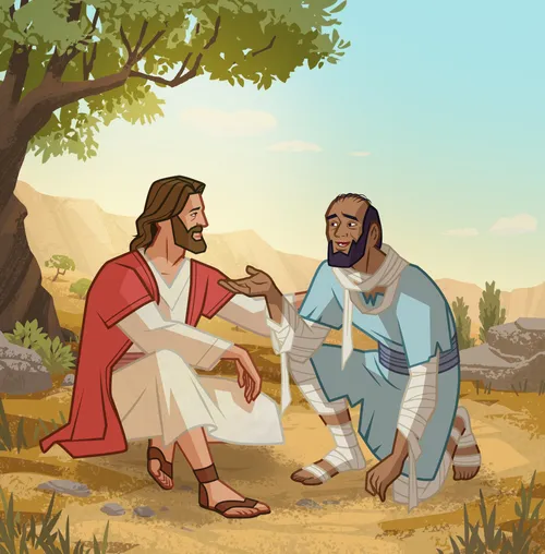 Jesus talking with the man about faith.