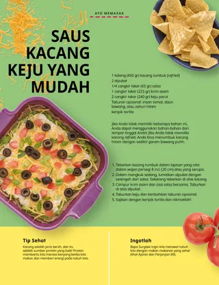 Halaman PDF dari semangkuk keripik tortila, sepanci saus kacang, dan tomat
